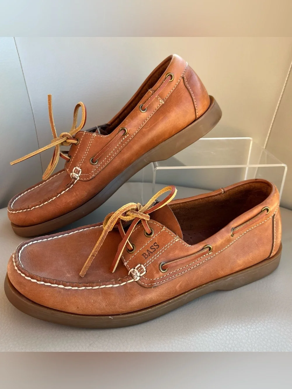 Bass Seafarer Brown Leather Boat Shoes Moc Toe Casual Loafers‎ 2-Eye Lace Up 9M